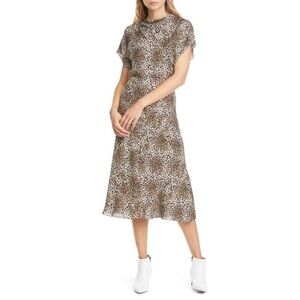 Lewit Drape Neck Midi Dress Brown Leopard Print Women's Size 8